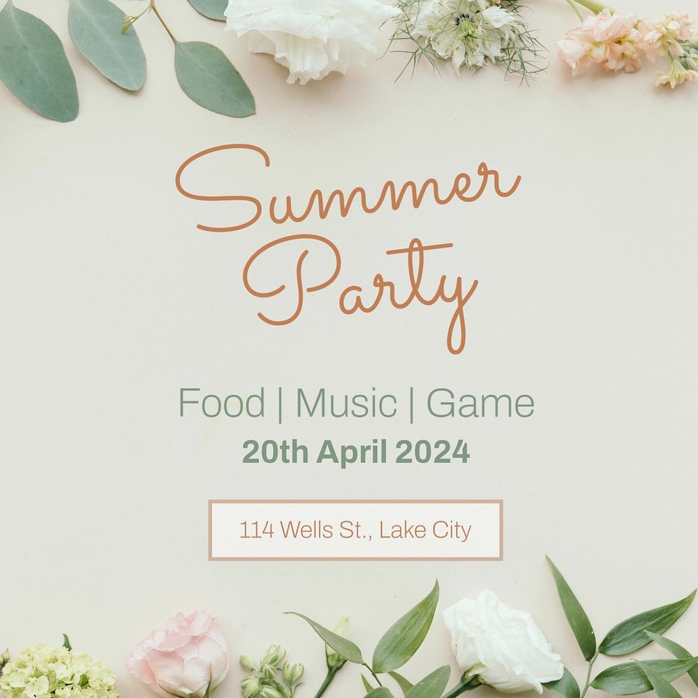 Summer party Instagram post template, editable text