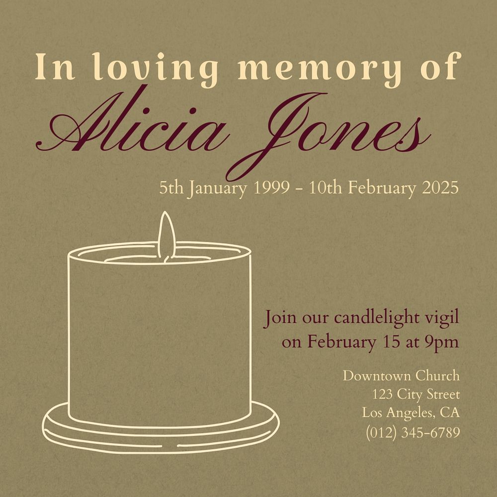 Funeral card Instagram post template, editable text