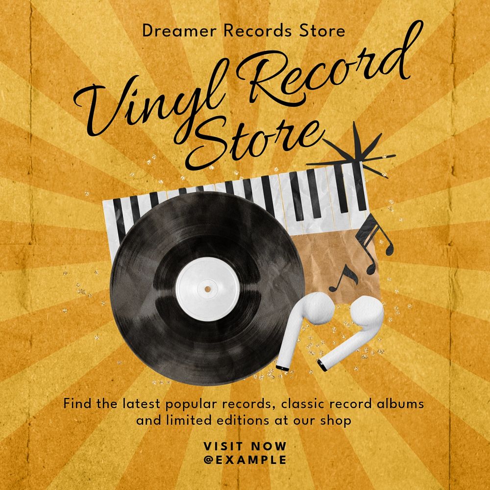 Vinyl record store Instagram post template, editable text