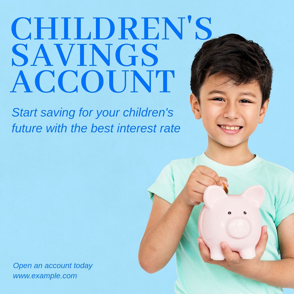 Kid's savings account Instagram post template, editable text