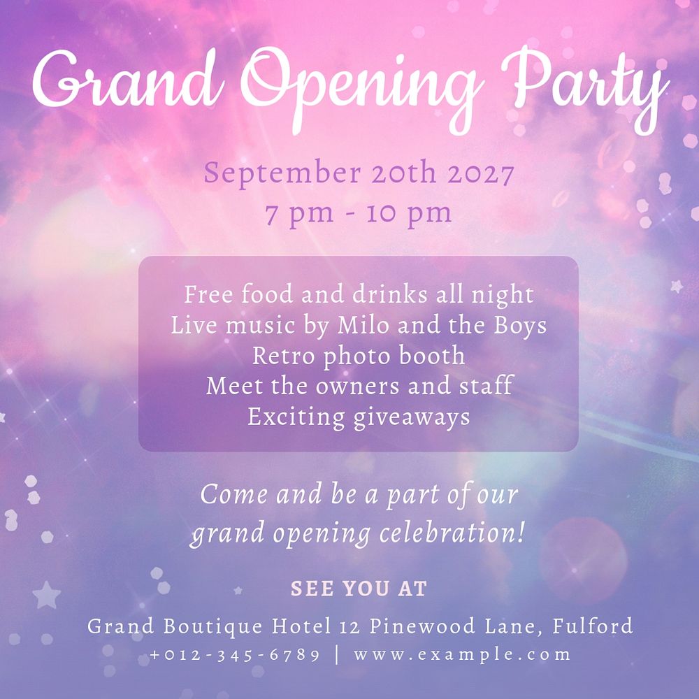 Grand opening party Instagram post template, editable text