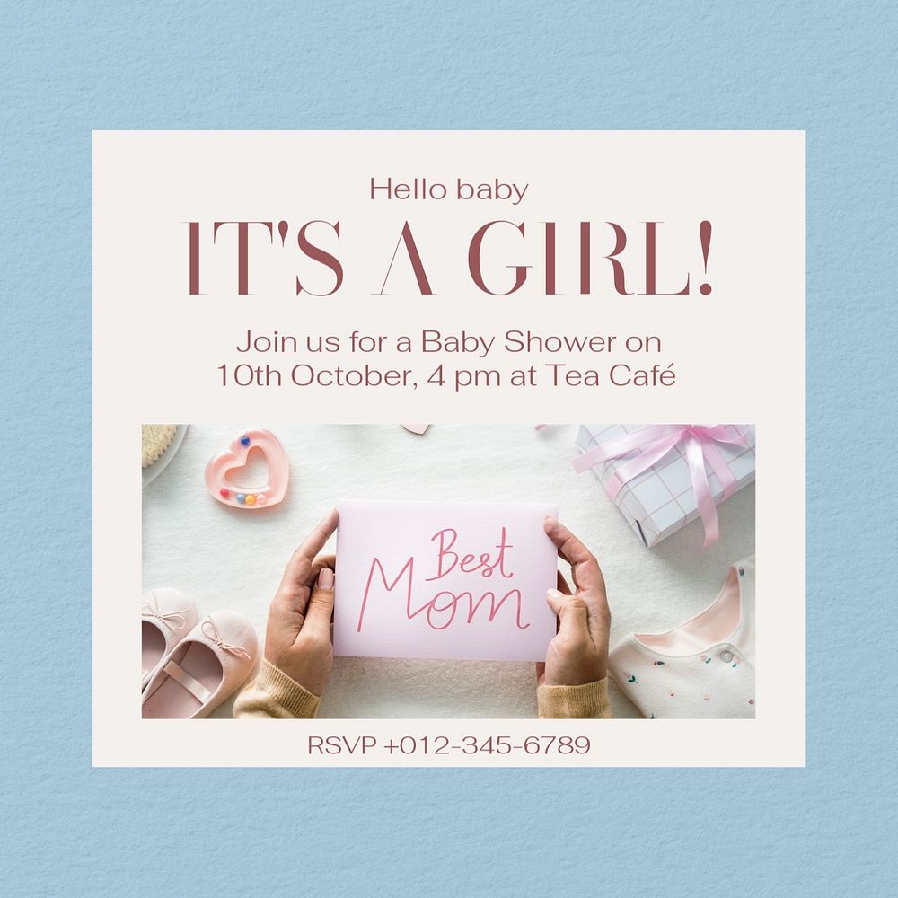 Baby shower Instagram post template, editable text