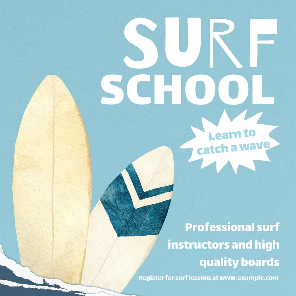 Surf school Instagram post template, editable text