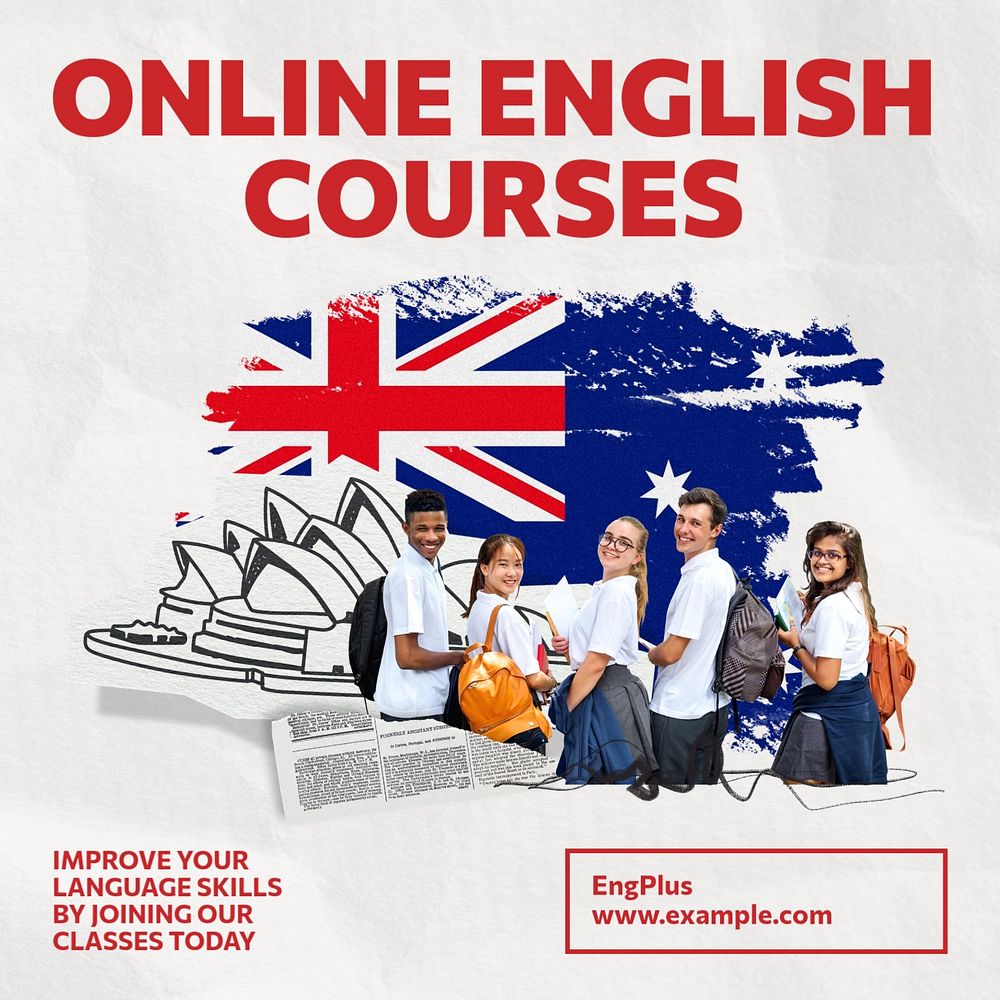 Online English courses Instagram post template, editable text