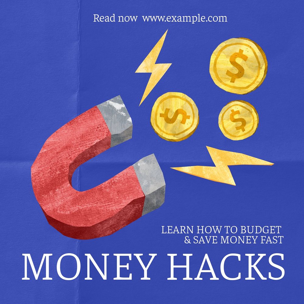 Money hacks article Instagram post template, editable text