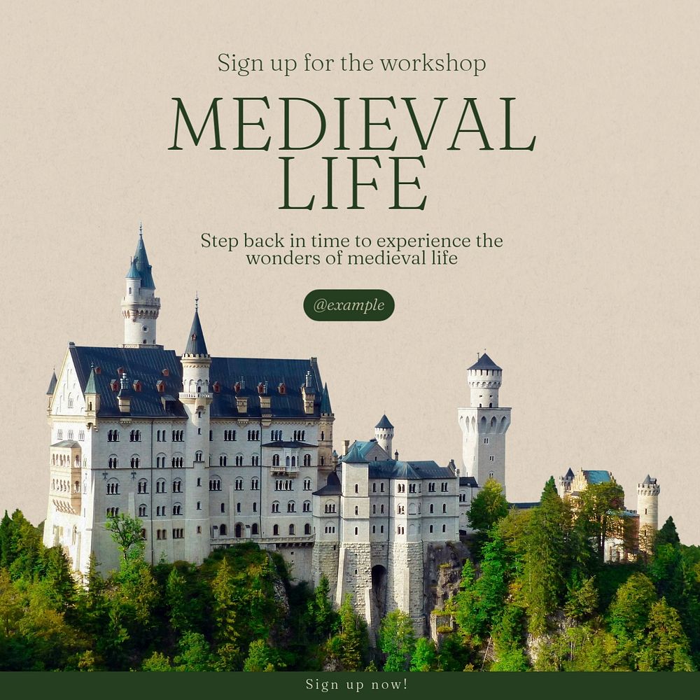 Medieval life Instagram post template, editable text