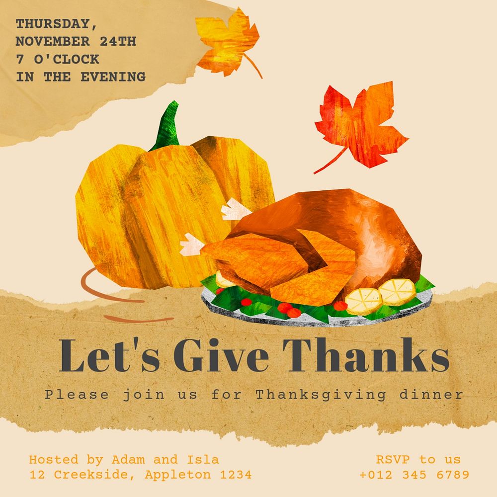 Thanksgiving dinner invitation Instagram post template, editable text