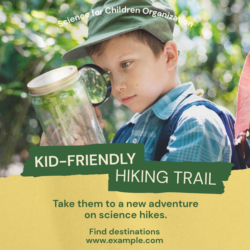 Kid-friendly hiking trial Instagram post template, editable text