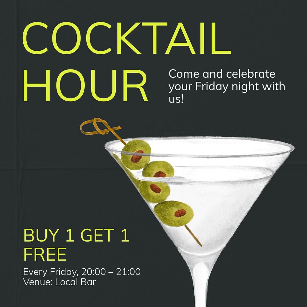 Cocktail hour Instagram post template, editable text