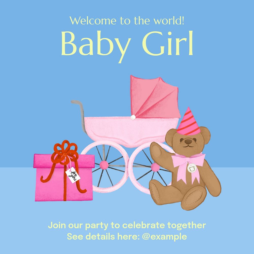 Baby girl party Instagram post template, editable text