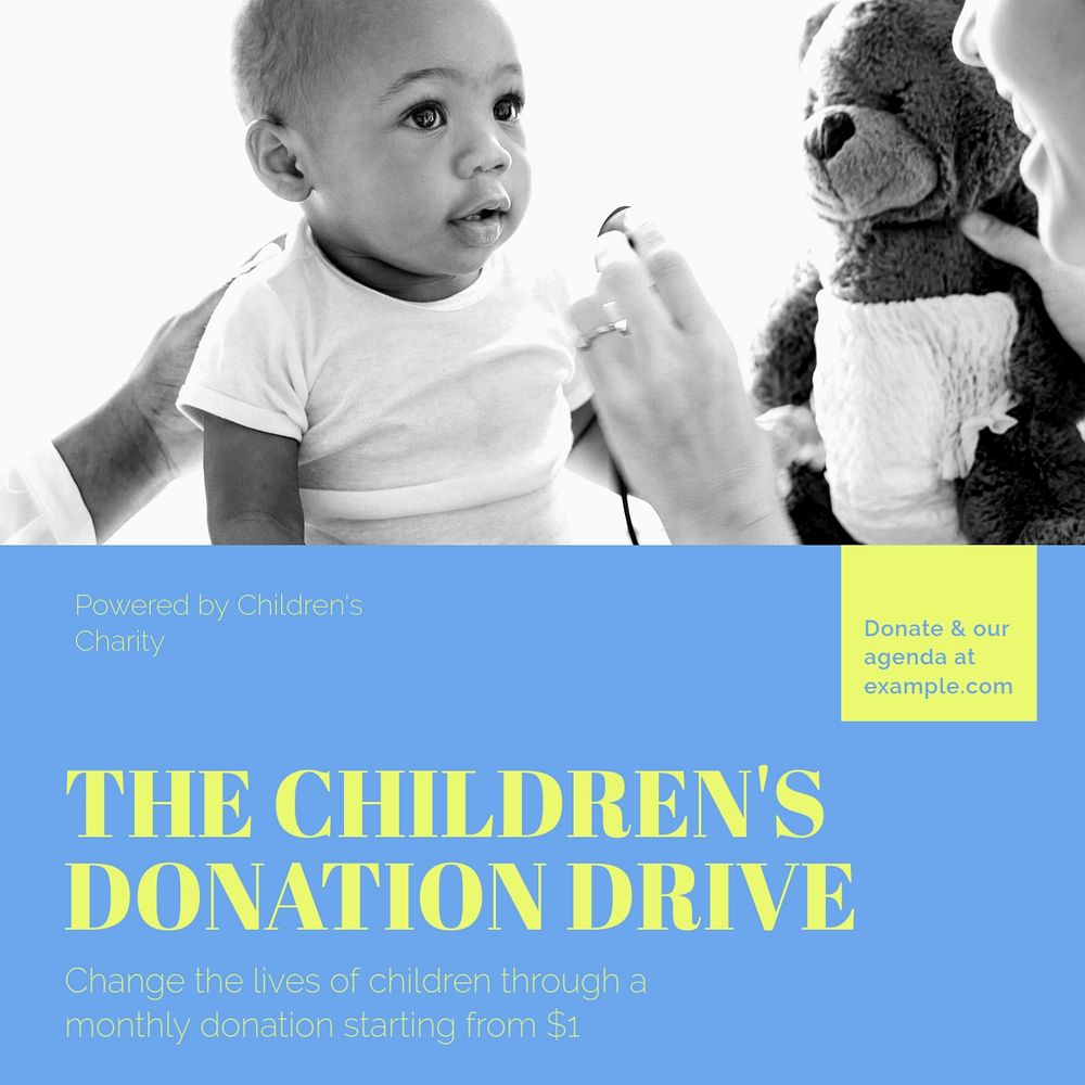 Children's donation drive, charity advertisement Instagram post template, editable text