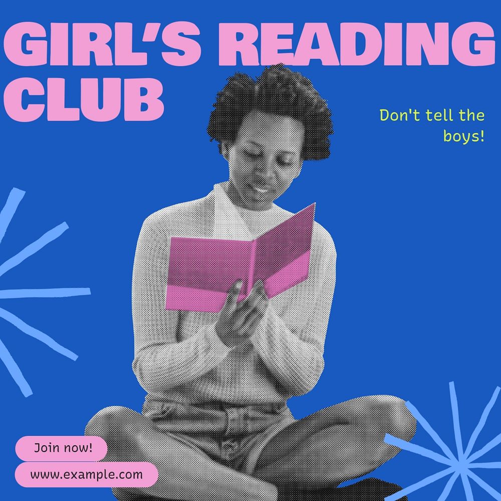 Girl's reading club Instagram post template, editable text