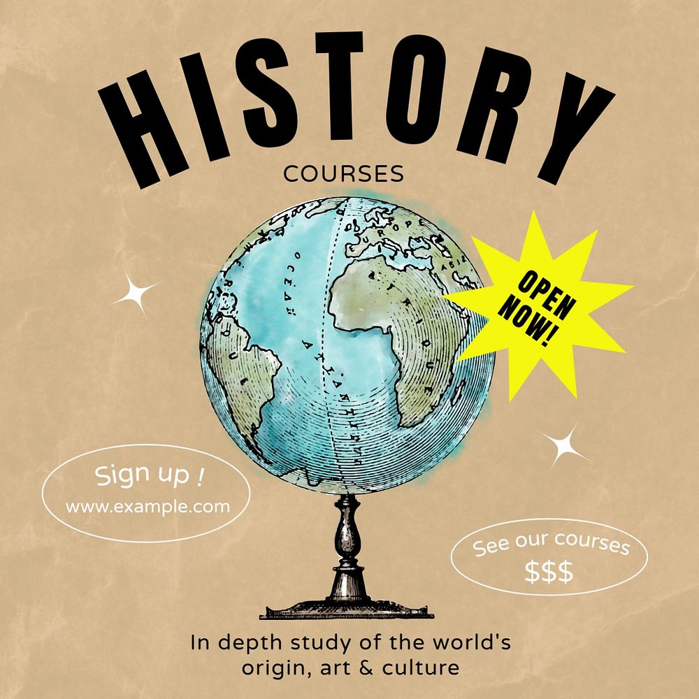 History courses Instagram post template, editable text