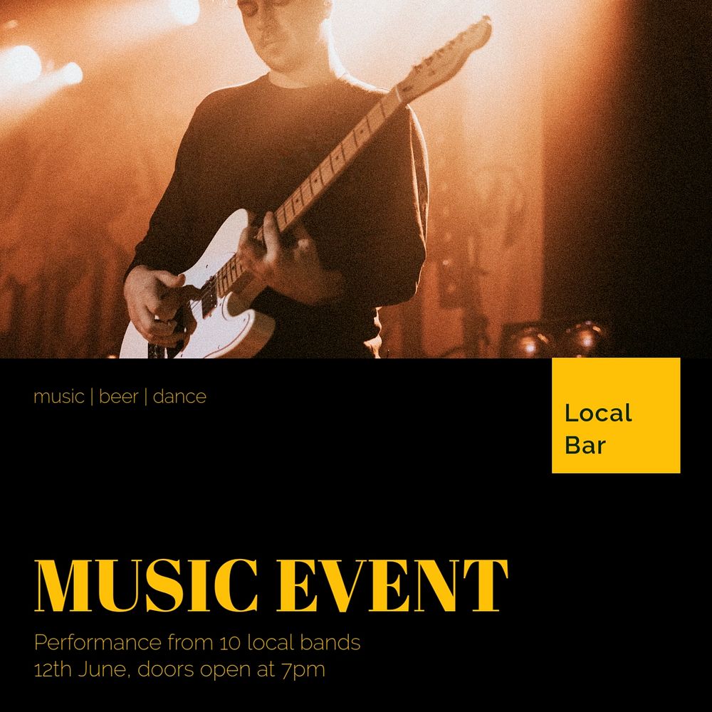 Music event Instagram post template, editable text