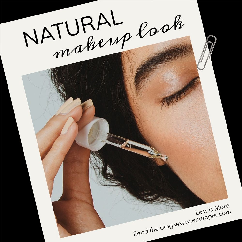 Natural makeup look Instagram post template, editable text