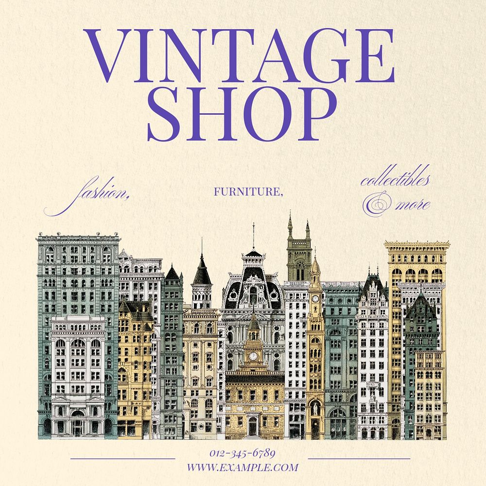 Vintage shop Instagram post template, editable text