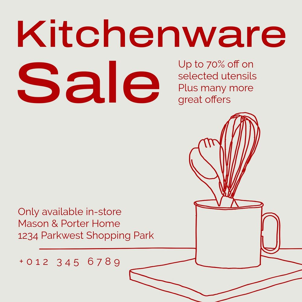 Kitchenware sale Instagram post template, editable text