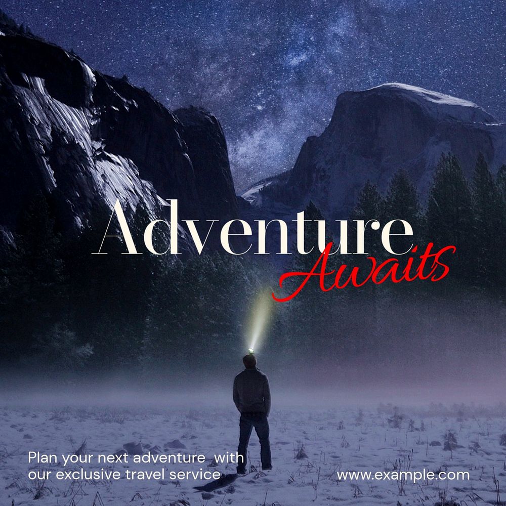 Adventure awaits, travel service Instagram post template, editable text