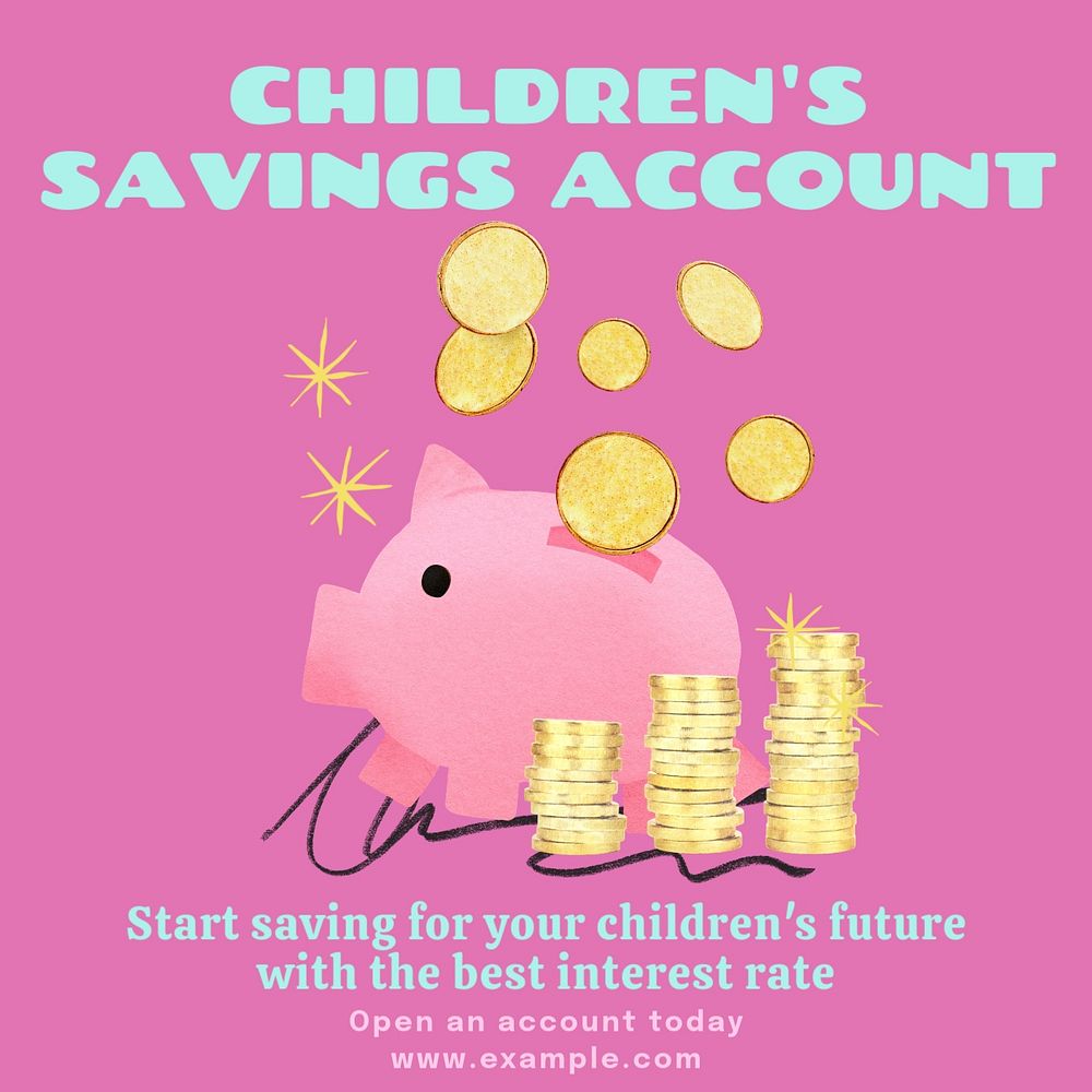 Kid's savings account post template, editable social media design