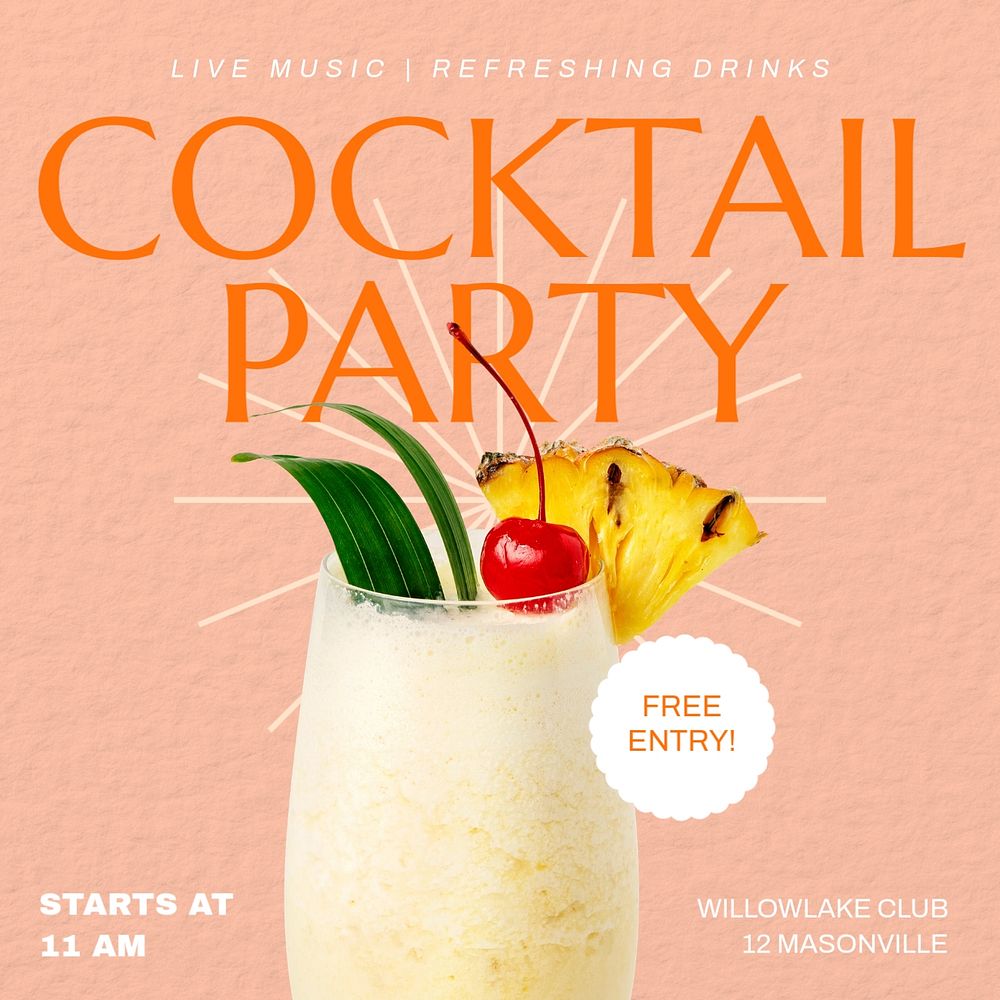 Cocktail party Facebook post template, editable design