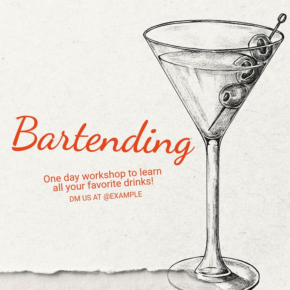 Bartending workshop Instagram post template, editable text