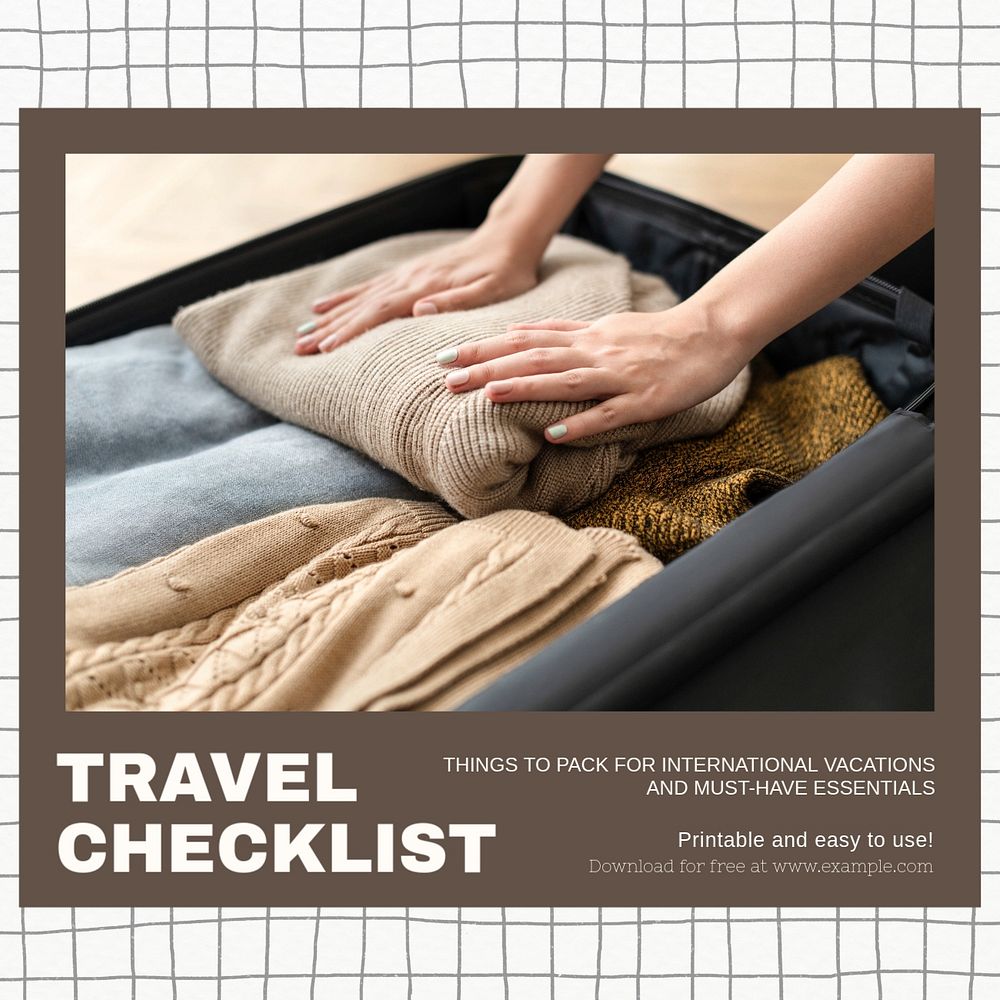 Travel checklist Instagram post template, editable text