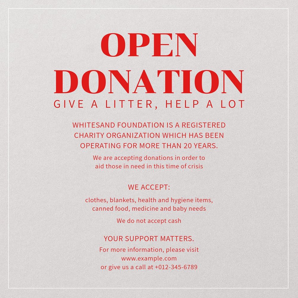 Open donation Instagram post template, editable text