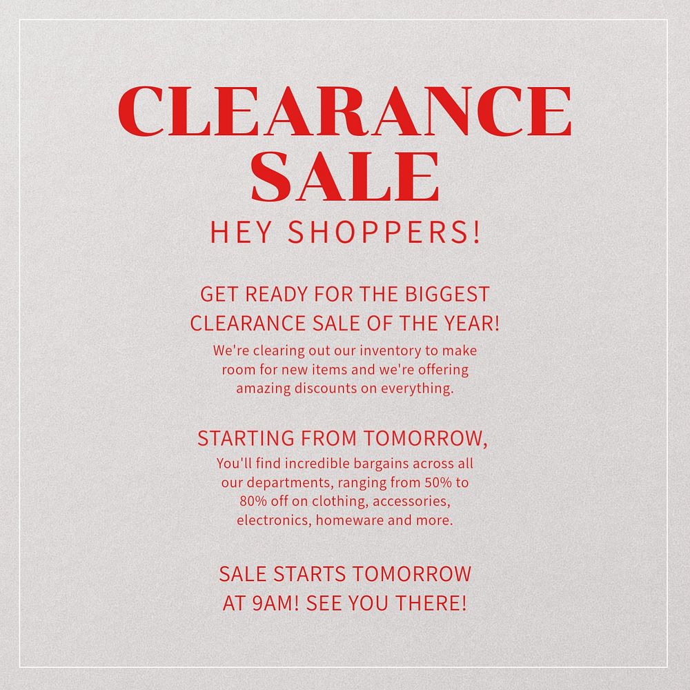 Clearance sale Instagram post template, editable text