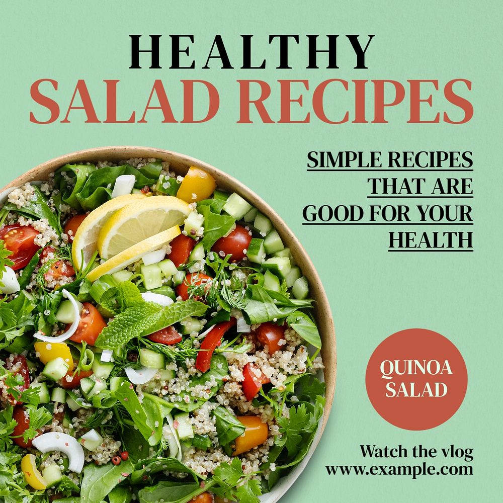 Healthy salad recipes Instagram post template, editable text