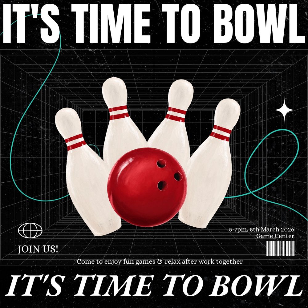 Bowling time Instagram post template, editable text