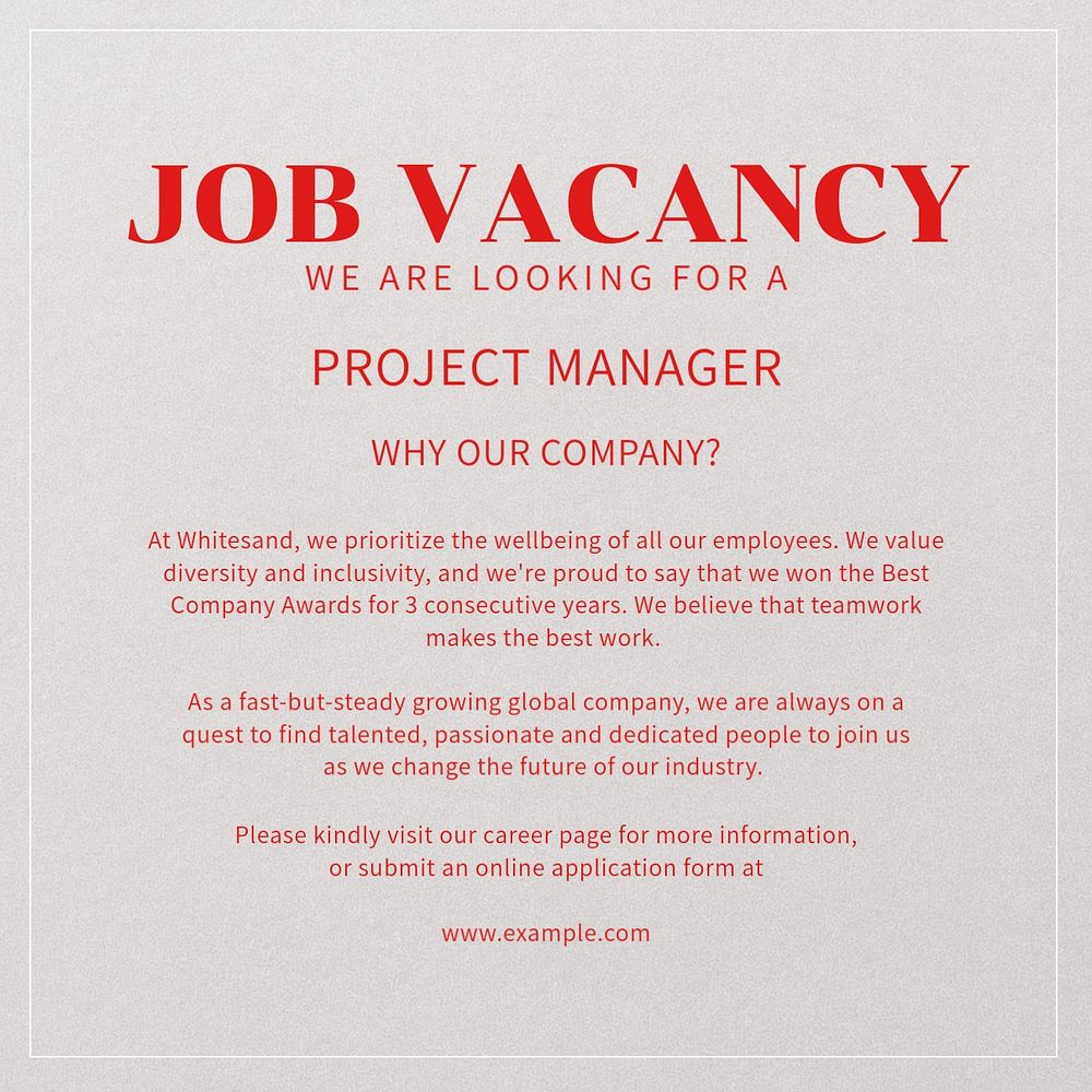 Job vacancy Instagram post template, editable text