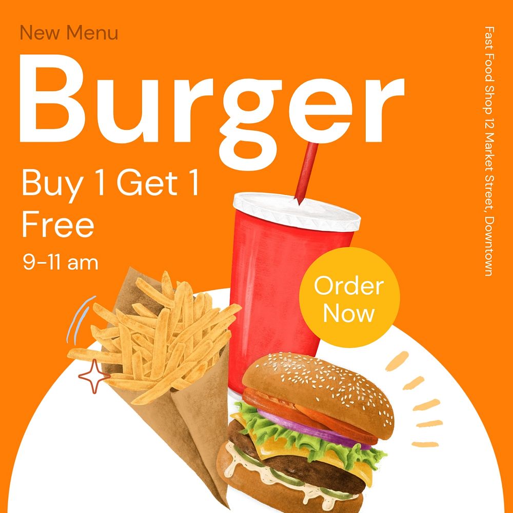 New menu, burger Instagram post template, editable text