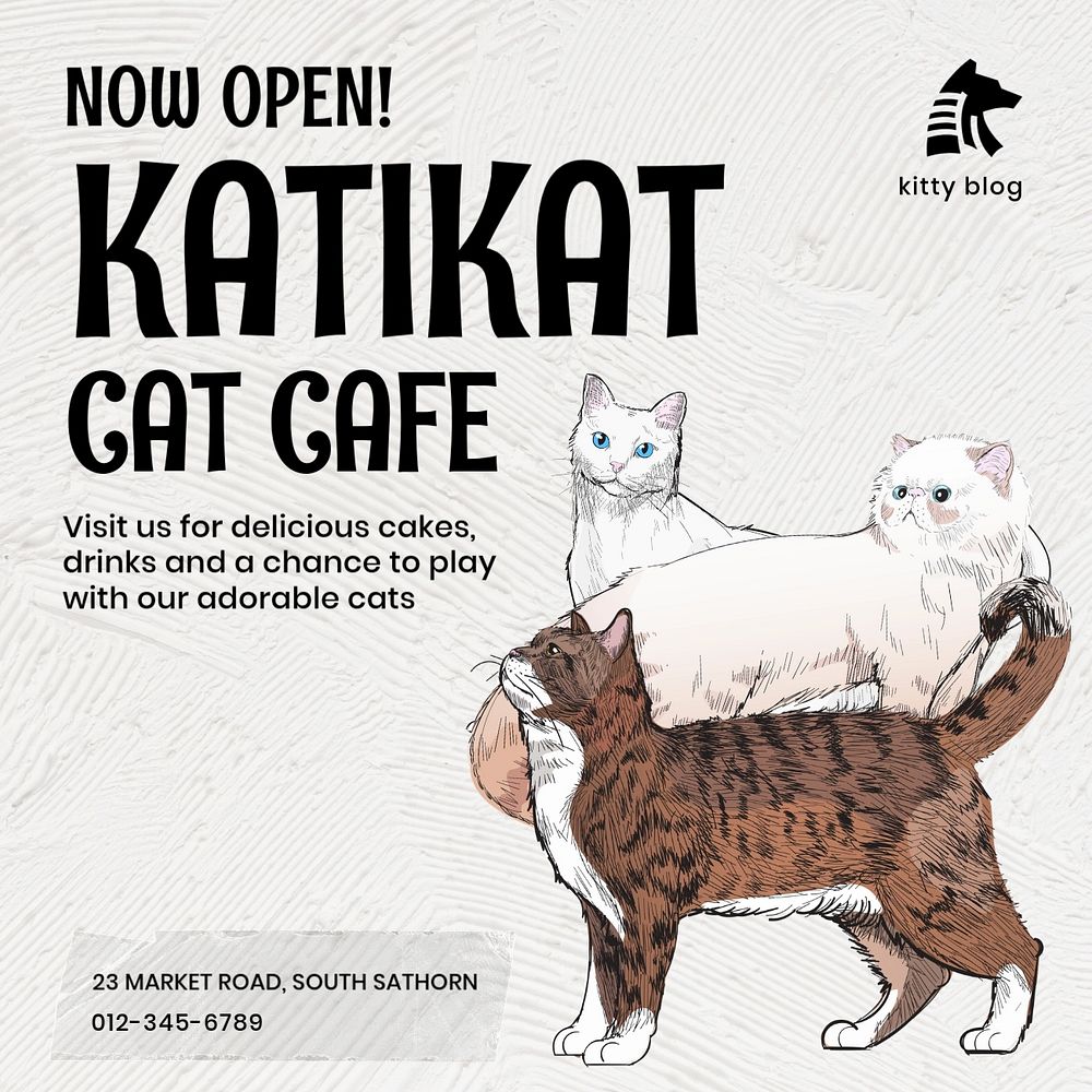 Cat cafe Instagram post template, editable text