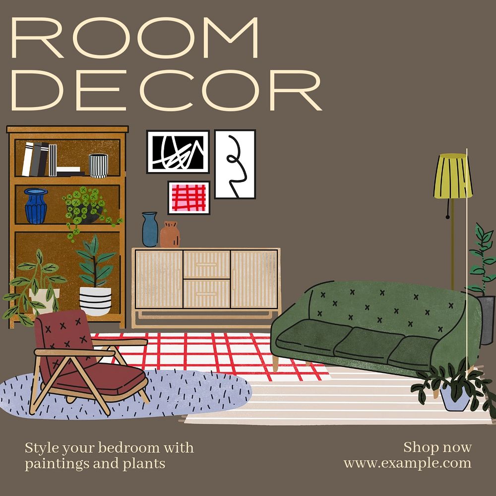 Room decoration Instagram post template, editable text