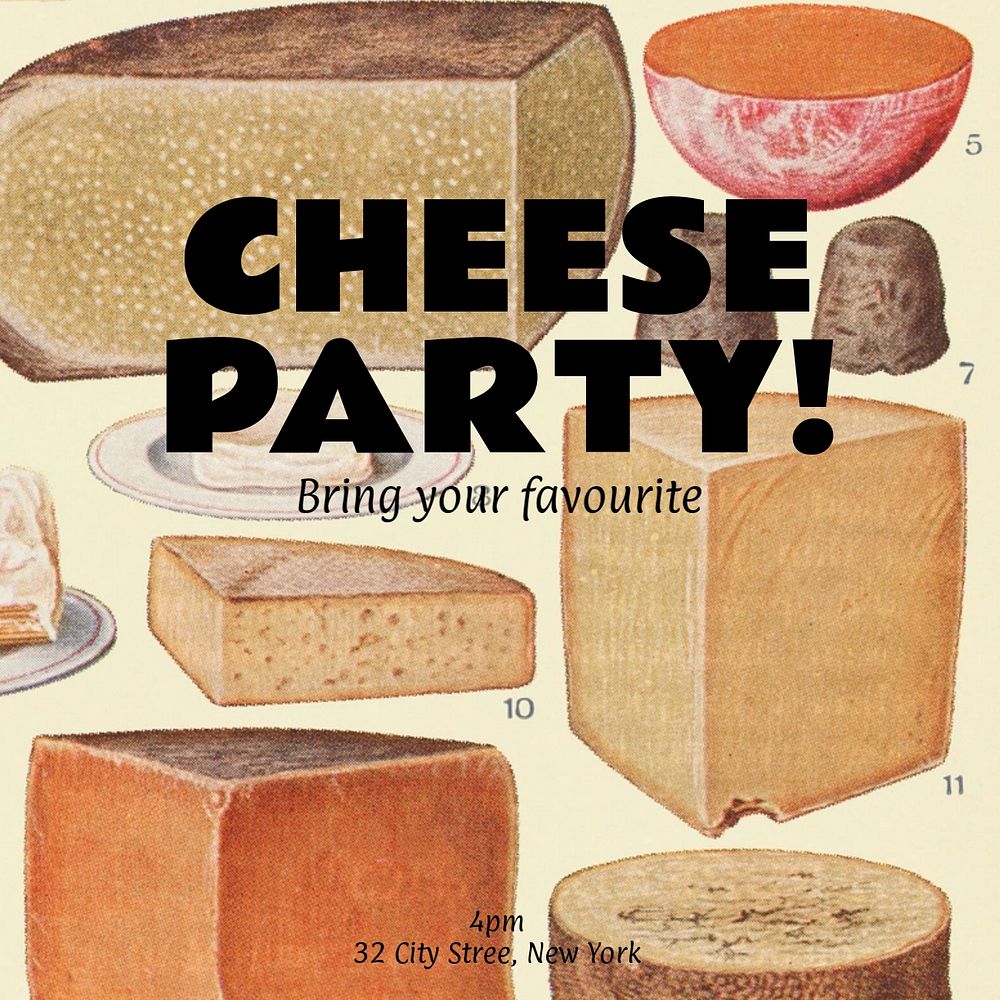 Cheese party Instagram post template, editable text