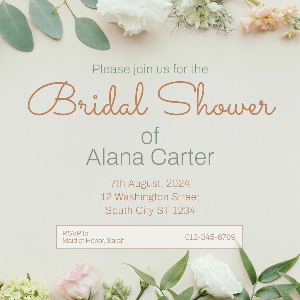 Bridal shower Instagram post template, editable text