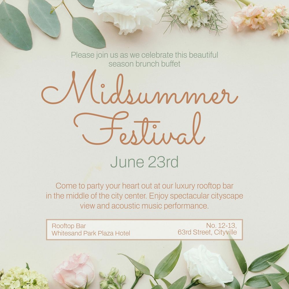 Midsummer festival Instagram post template, editable text