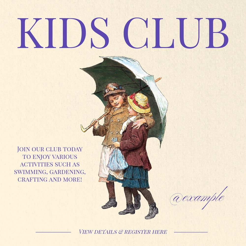 Kids club Instagram post template, editable text