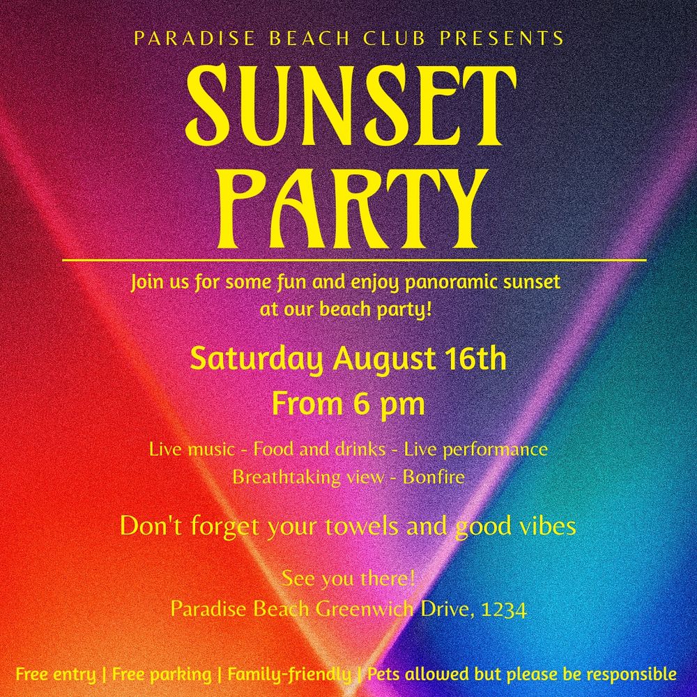 Sunset party Instagram post template, editable text