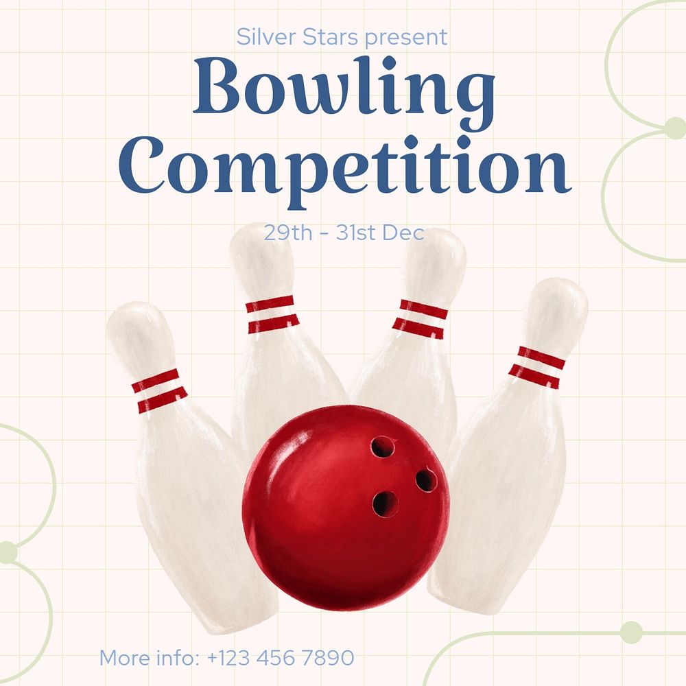 Bowling competition Instagram post template, editable text