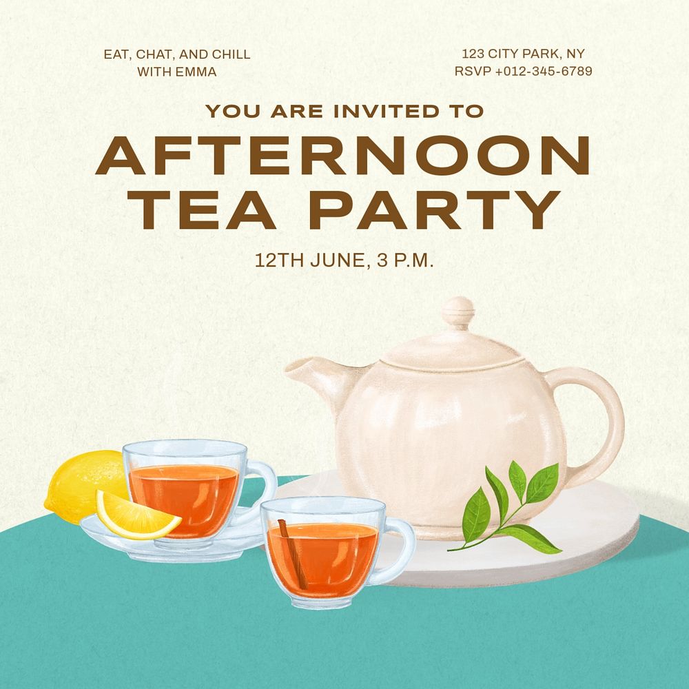 Tea party invitation Instagram post template, editable text