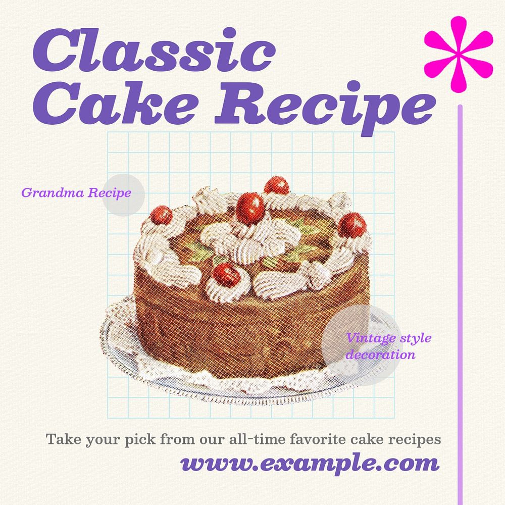 Classic cake recipe Instagram post template, editable text