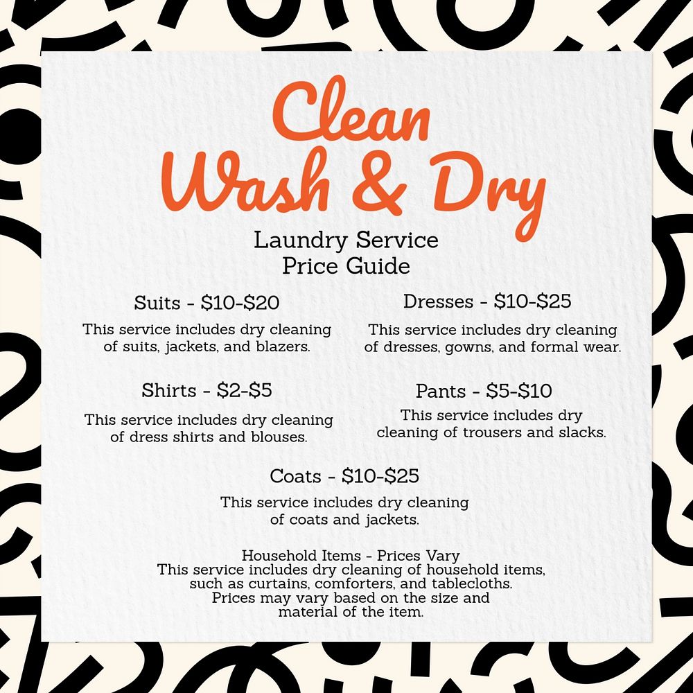 Laundry price list Instagram post template, editable design