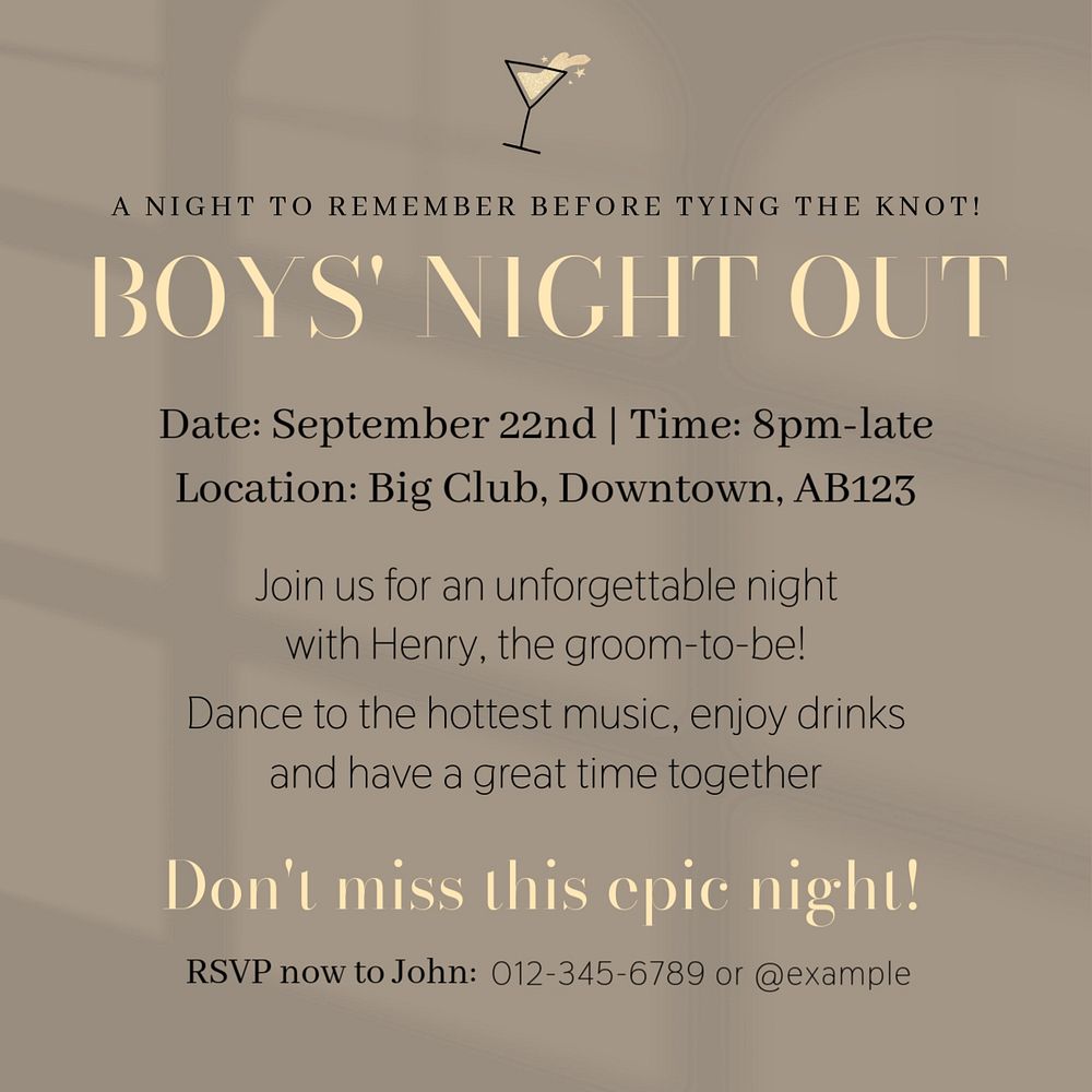 Boys night out Instagram post template, editable design