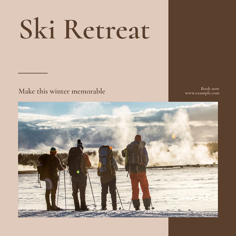 Ski retreat Instagram post template, editable text