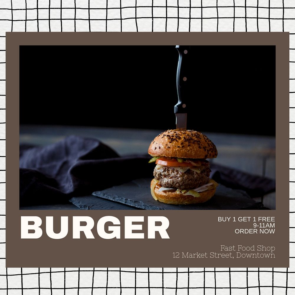 New menu, burger Instagram post template, editable text