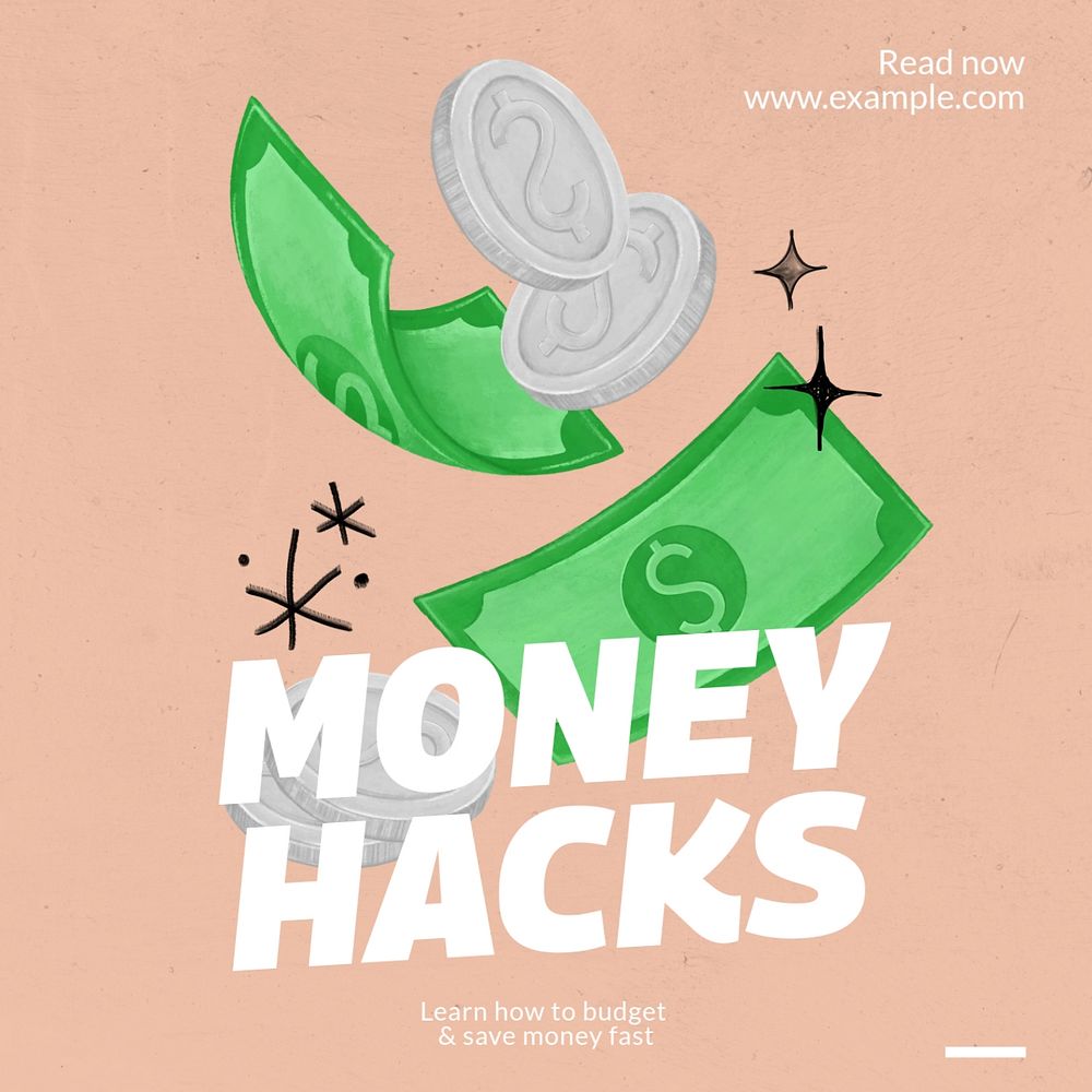 Money hacks article Instagram post template, editable text