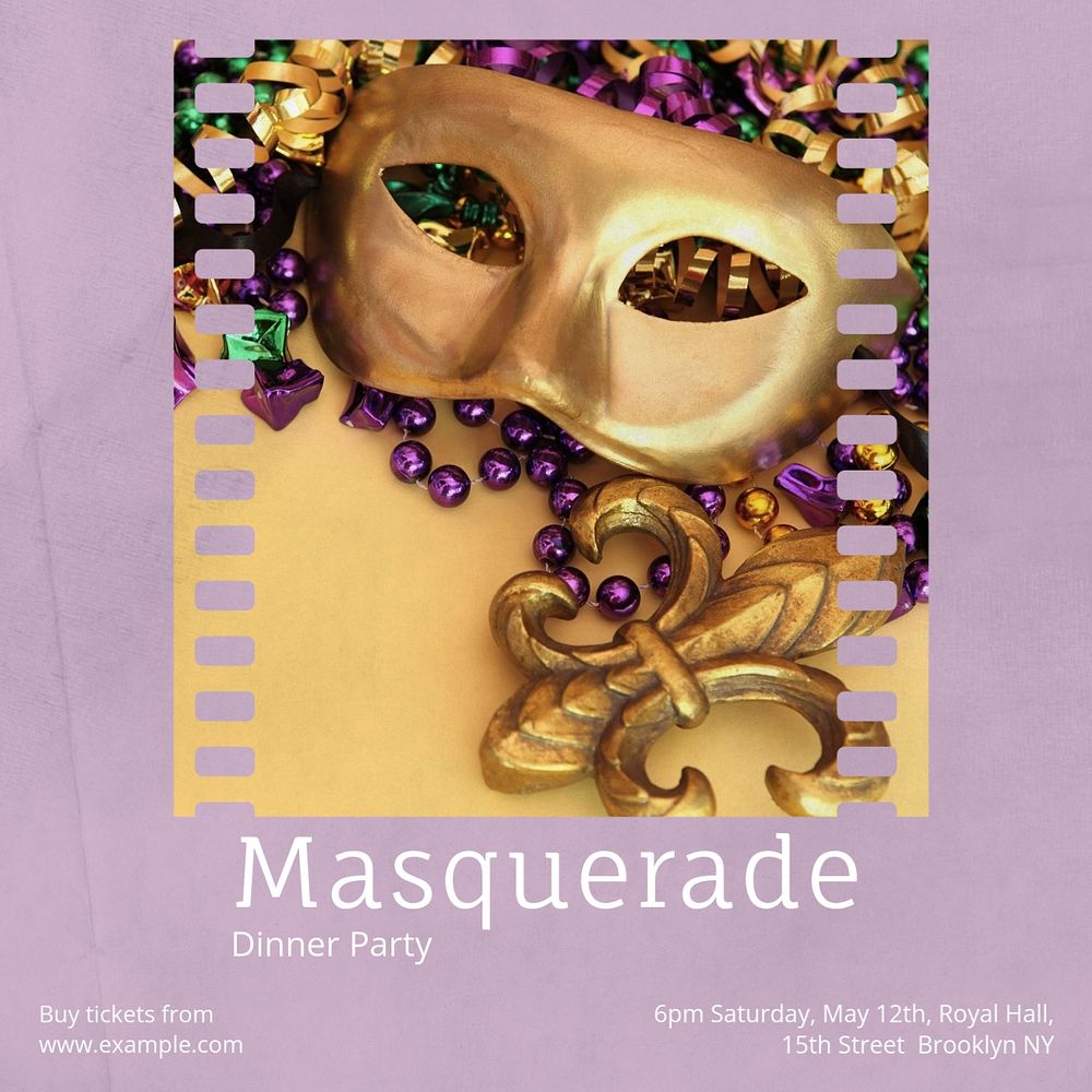 Masquerade dinner party Instagram post template, editable text