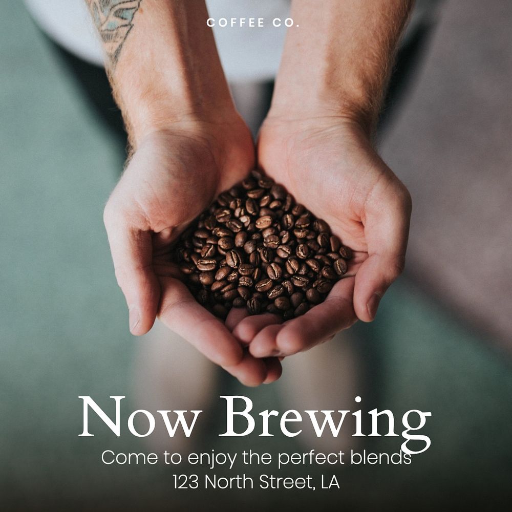 Now brewing, cafe Facebook post template, editable design