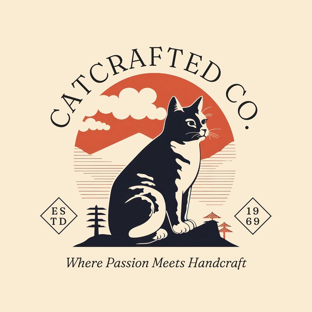 Handcraft vintage logo template, editable cat design